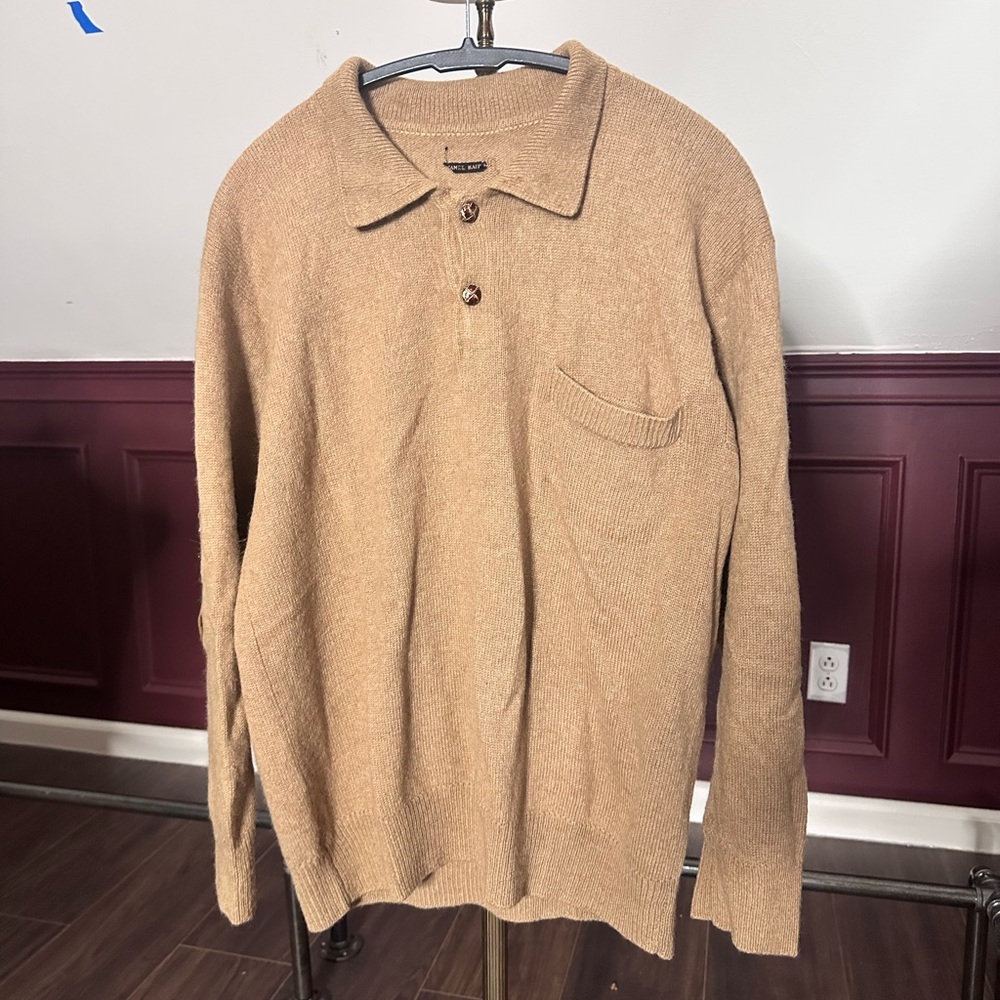 HERMES (?) vintage camel hair / alpaca elbow patch beige polo sweater knit